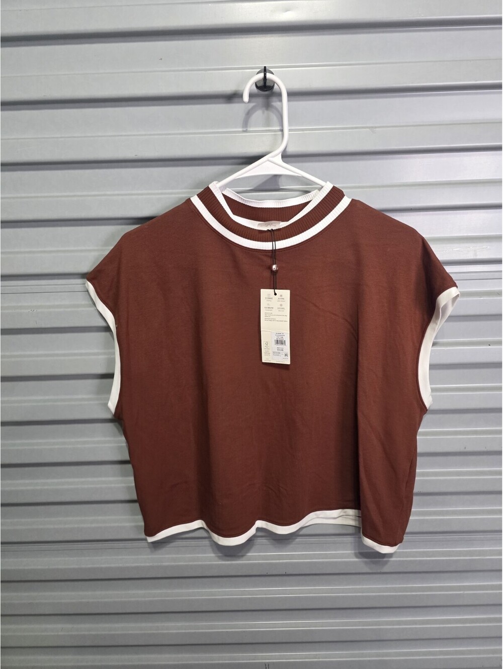 CALIA Women’s XL Ribbed Mock Neck Cropped Tank Brown/White Trim WAX6123